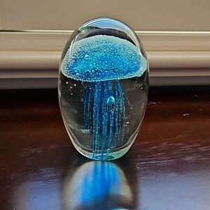 Hand Blown Jellyfish Paperweight, Glows. Smooth and Polished Bottom.